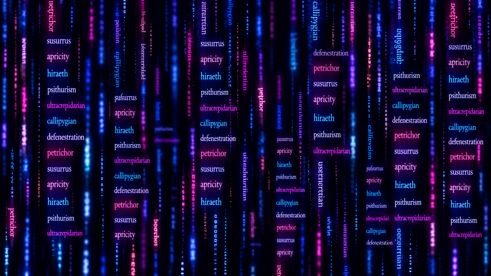 Rare words falling in glowing streams against a deep navy field