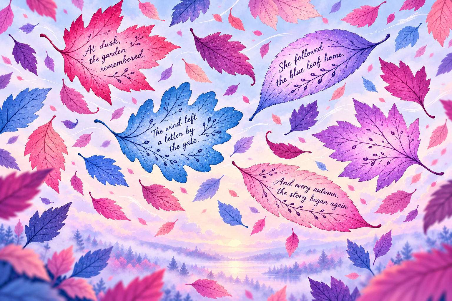 Falling leaves carry story fragments through a misty pastel landscape