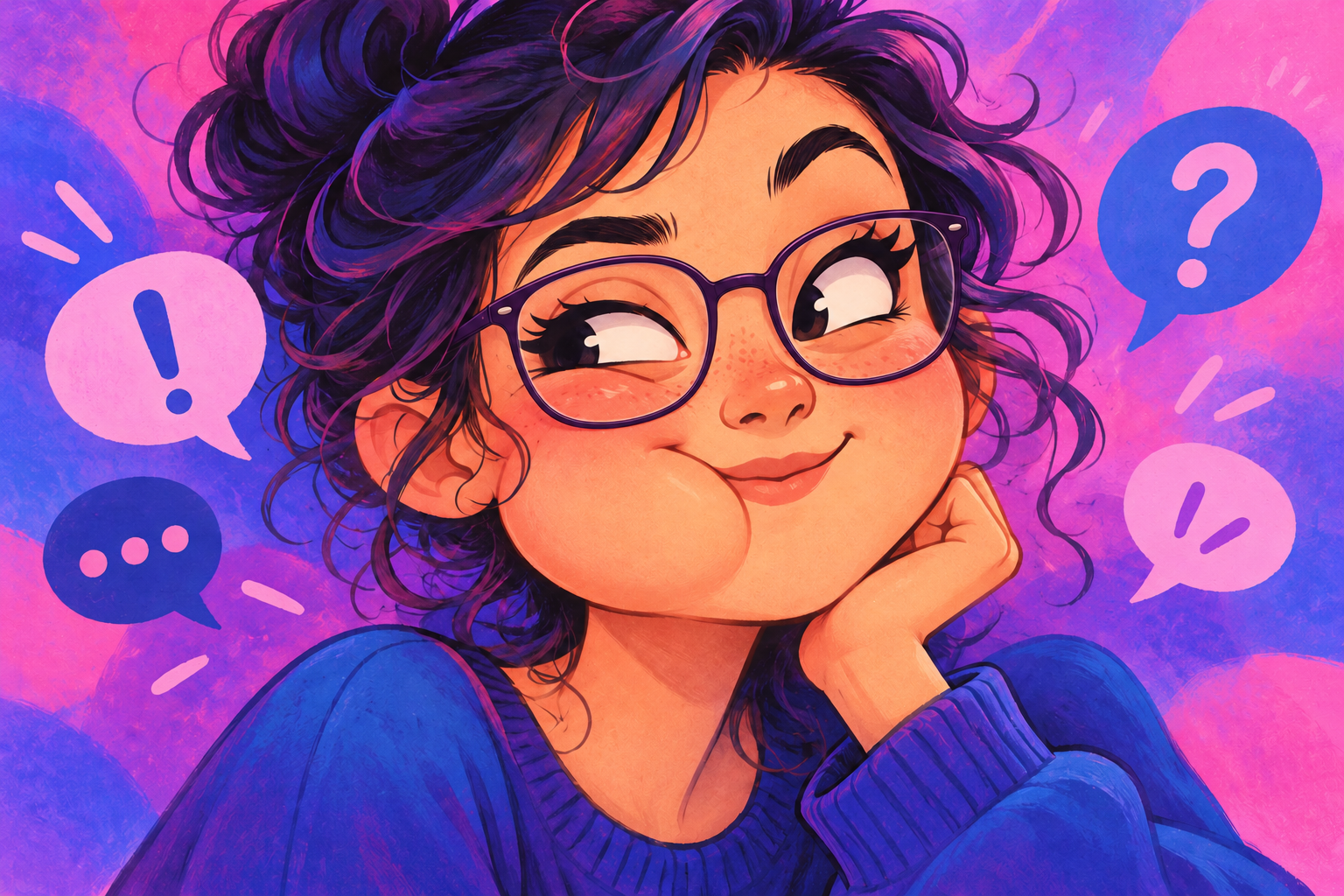 A curious young woman wearing violet glasses, surrounded by speech bubbles
